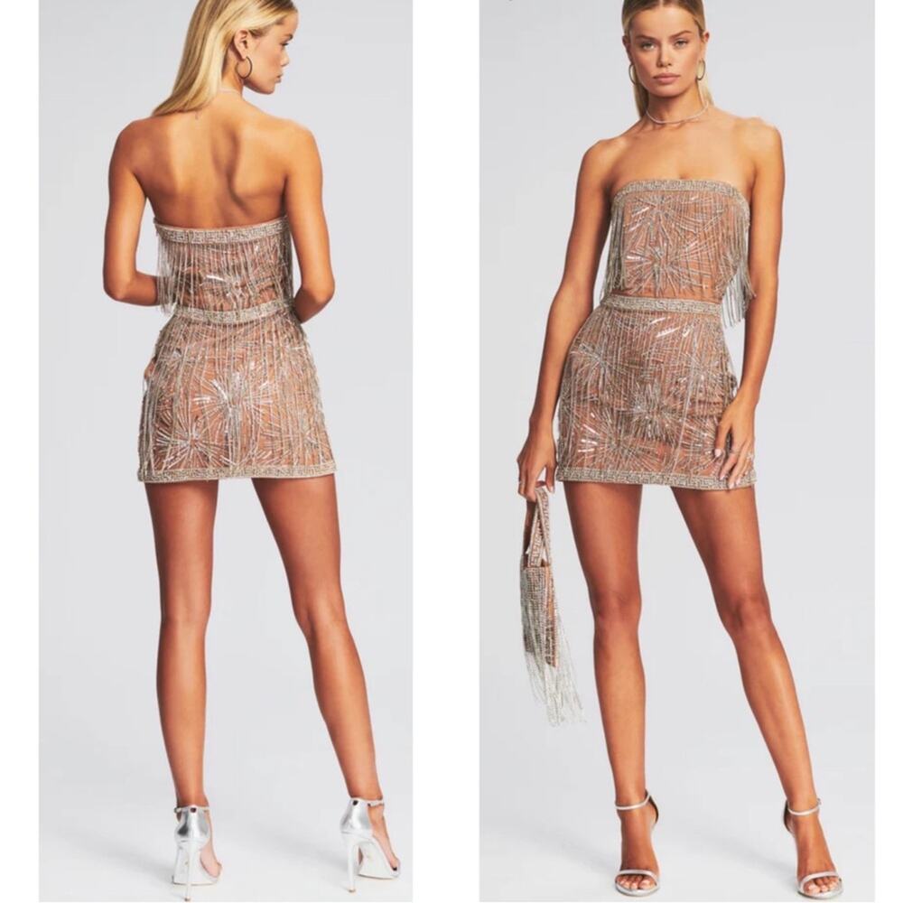 RETROFETE Dixie Crystal Embellished Sequin Fringe Strapless Mini Dress Size L